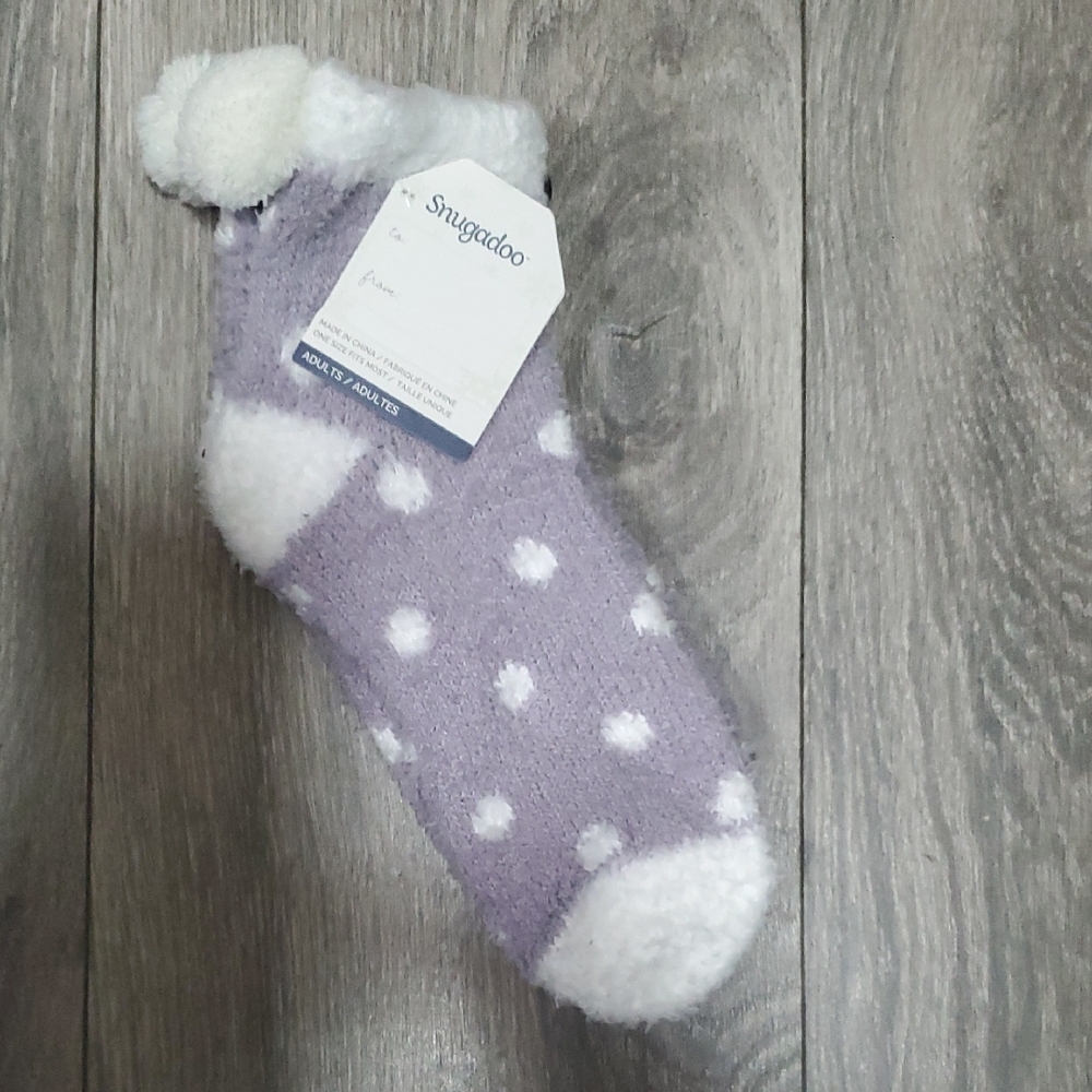 Snugadoo Fuzzy Cozy Purple Polka Dot with Pom Pom Fleece Crew Socks